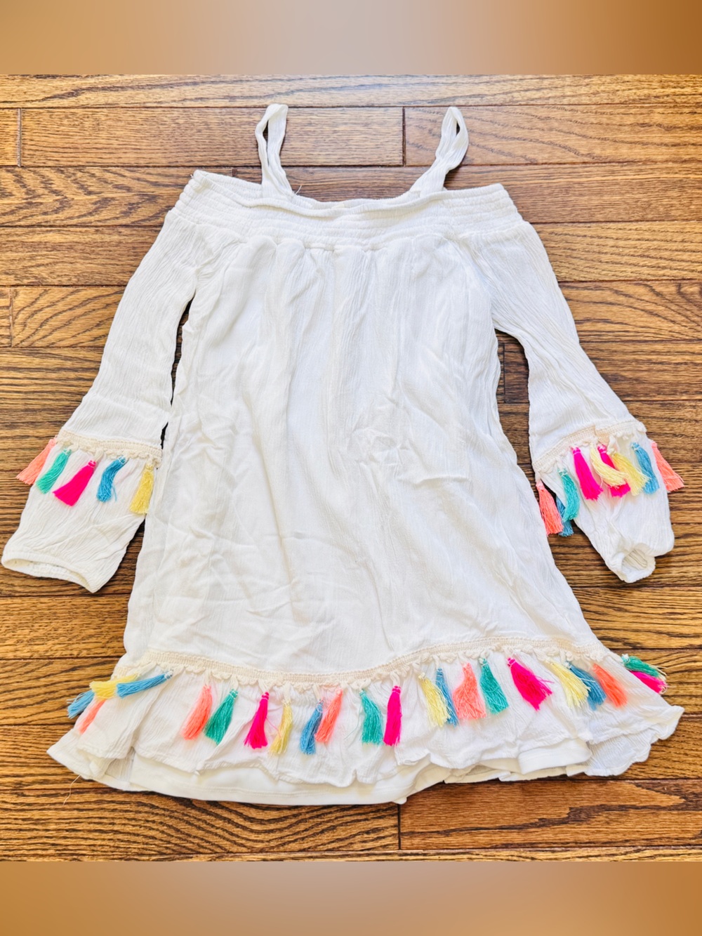 GB girls White Gauzey Cold Shoulder Smocked Dress with Tassels